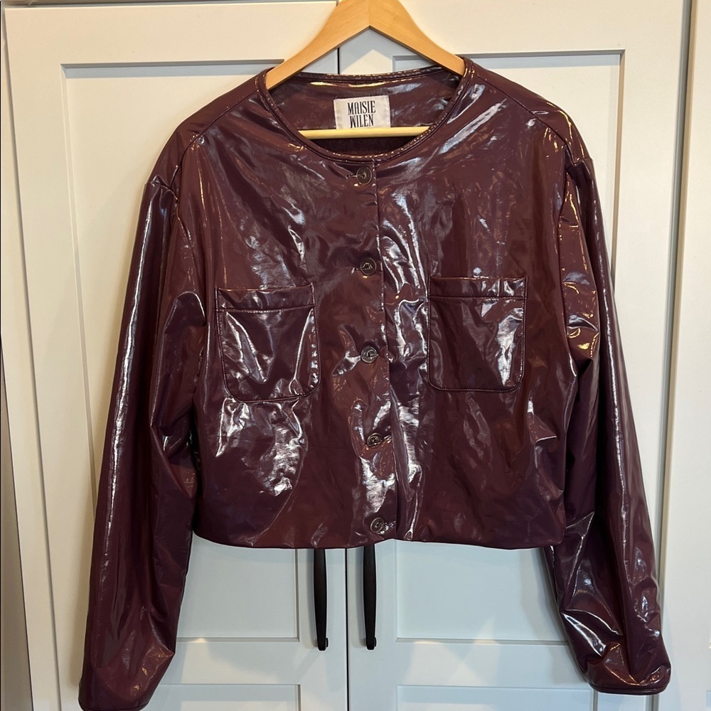 MAISIE WILEN Glossy Burgundy Bomber Jacket | Women’s Size L | Statement Outerwea